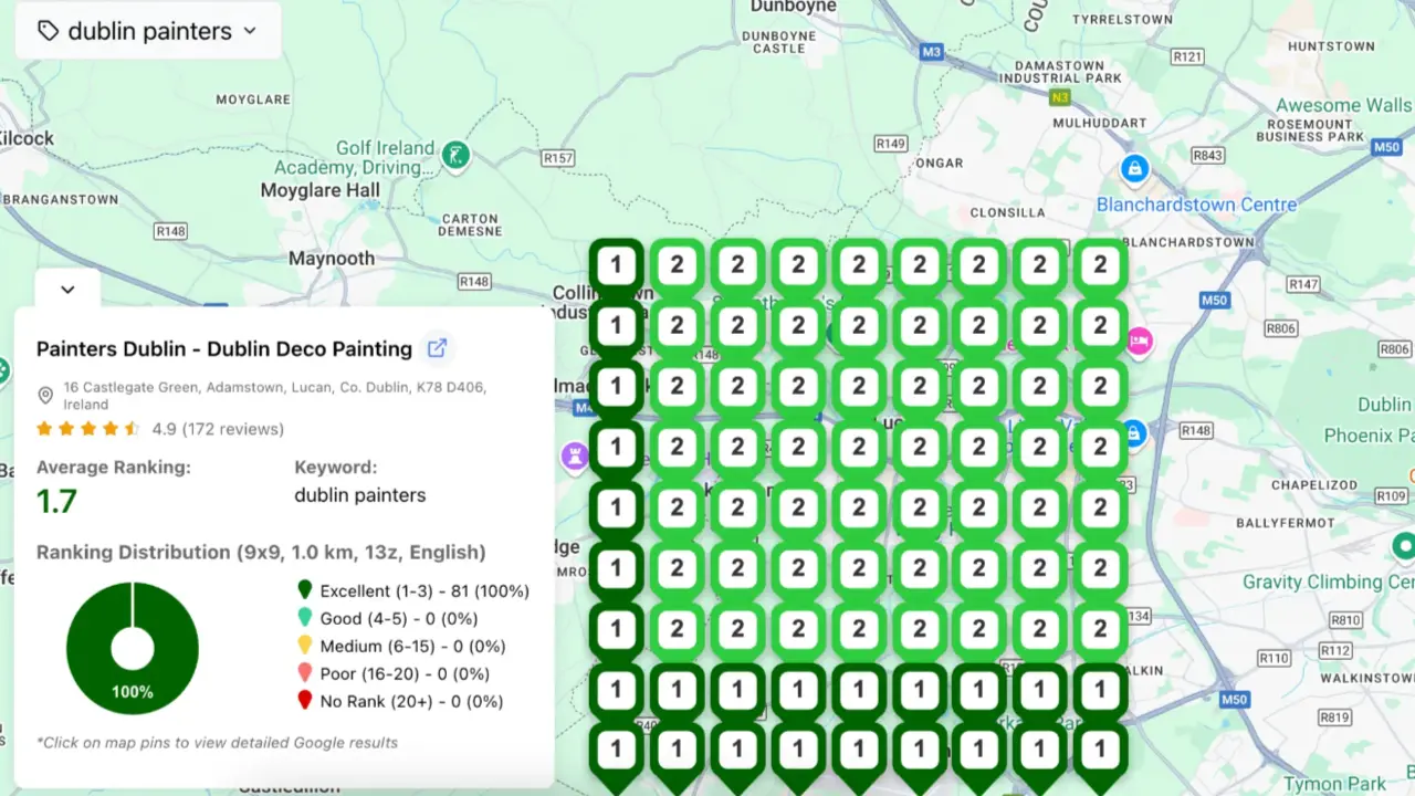 screenshot of local SEO heat map showing #1 ranking position in Google Maps